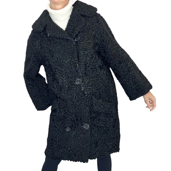 Vintage 50s Laflamme Fourrure black persian lamb flare sleeve coat flawed - Picture 3 of 15